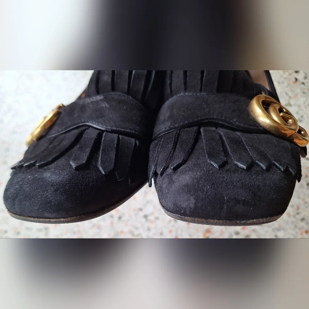 Gucci Marmont Suede Fringe GG Logo‎ Loafer Pumps - Picture 12 of 17